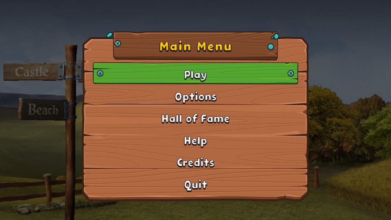 Main menu board with Play, Options, Hall of Fame, Help, Credits, and Quit