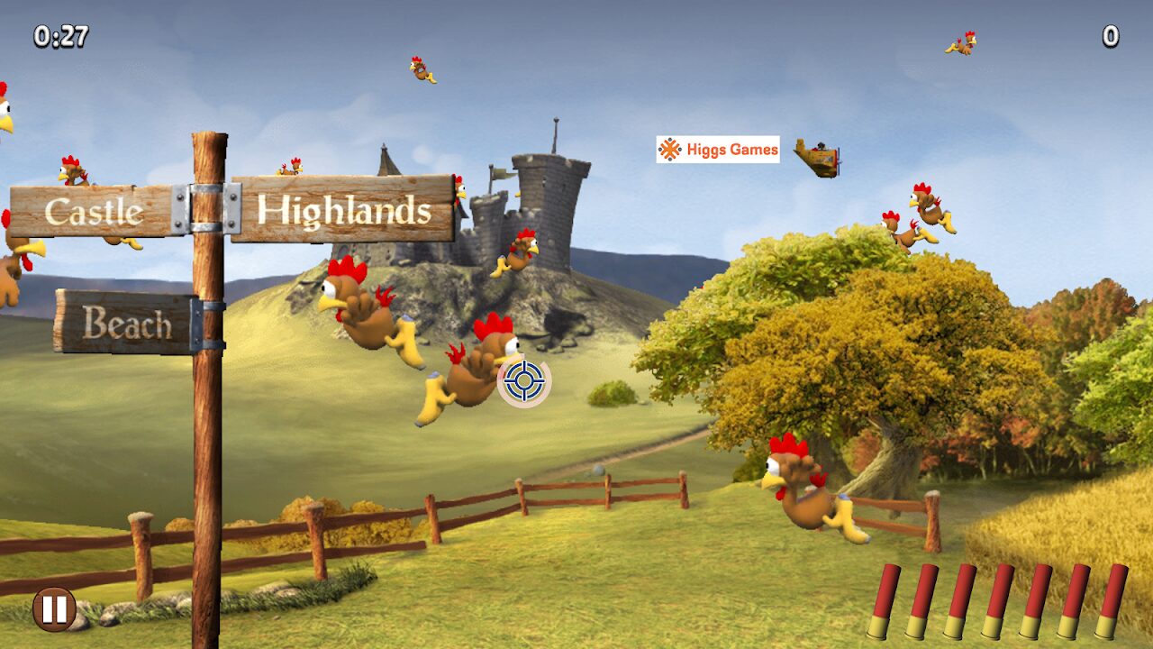 Field with chickens, a castle, signboards, a timer at 0:27, and a row of shells