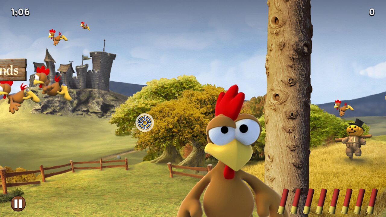 A chicken close to the camera, castle behind, timer at 1:06, score 0