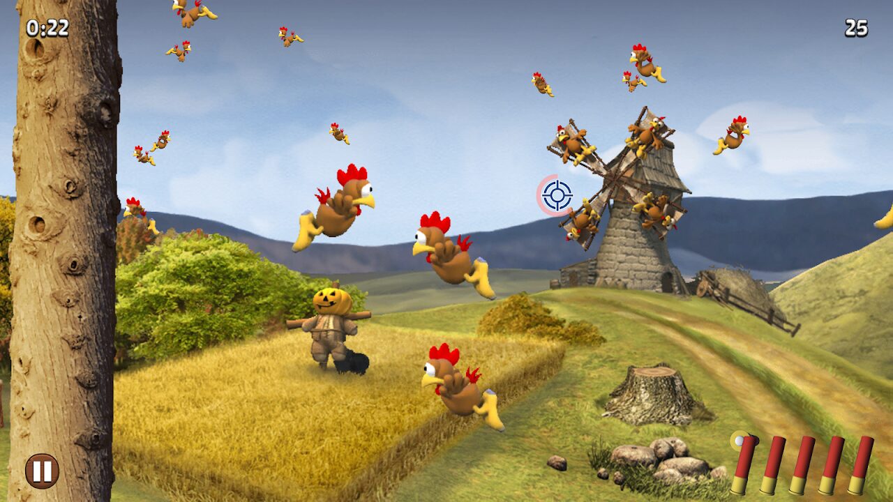Windmill field with chickens, timer at 0:22, score 25, and shells in the corner