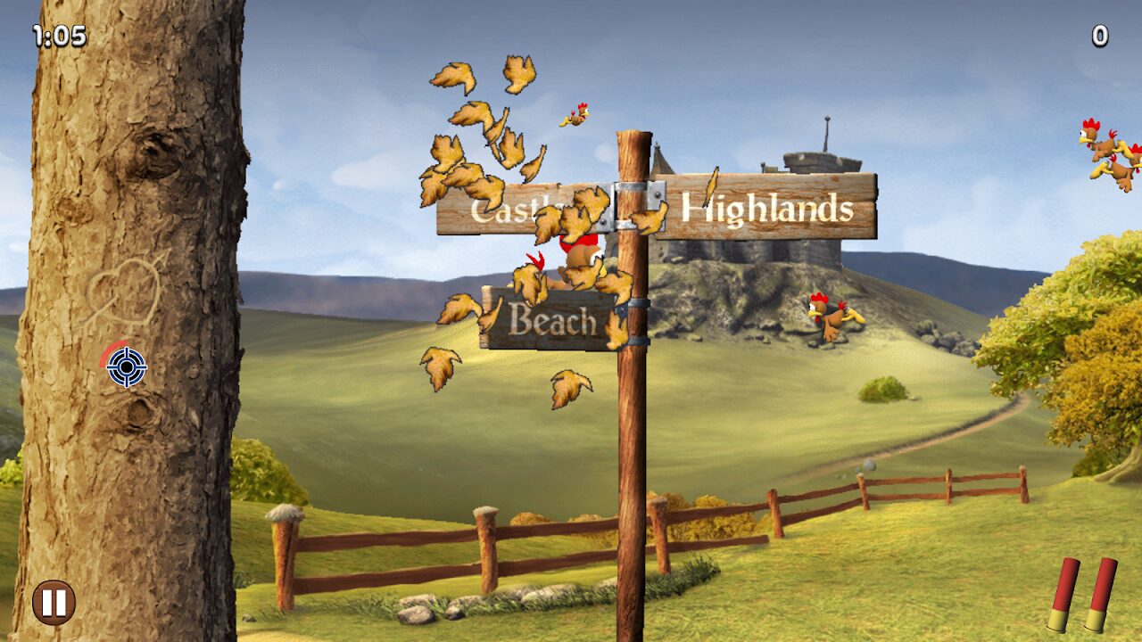 Signpost with a burst of leaves, timer at 1:05, score 0, two shells left